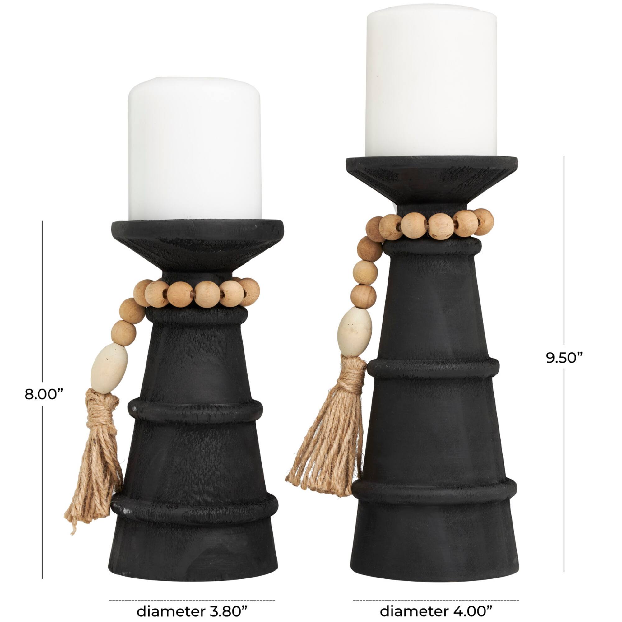 Black Wood Handmade Textured Matte Candle Holder with Beaded Garland Accent Set